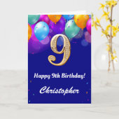 9e verjaardag marinenblauw en goudkleurige ballonn kaart (Gele Bloem)
