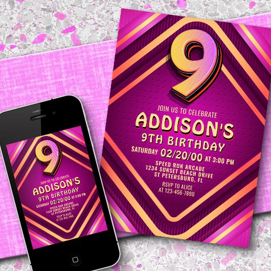9e verjaardag Neon uitnodiging