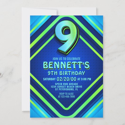 9e verjaardag Neon uitnodiging (Voorkant)