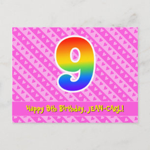 9e verjaardag: roze strepen & harten, regenboog 9 briefkaart