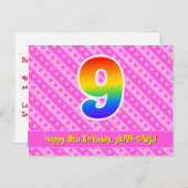 9e verjaardag: roze strepen & harten, regenboog 9 briefkaart (Voorkant / Achterkant)