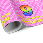 9e verjaardag: Roze strips & harten, regenboognr. Cadeaupapier (Rol Hoek)