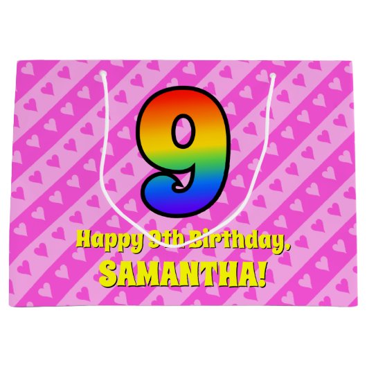 9e verjaardag: Roze strips & harten, regenboognr. Groot Cadeauzakje (Voorkant)