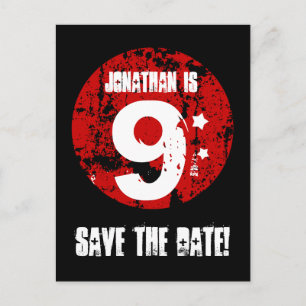 9e verjaardag Save the Date Red Black Grunge A01H Aankondigingskaart