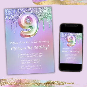 9e verjaardag Uitnodiging Paarse roze glitter