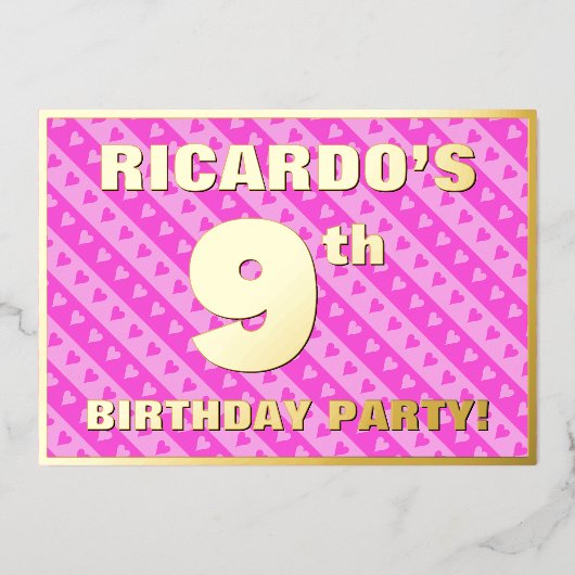 9e verjaardag van de opstand - vuurroze harten en folie uitnodiging (Voorkant)