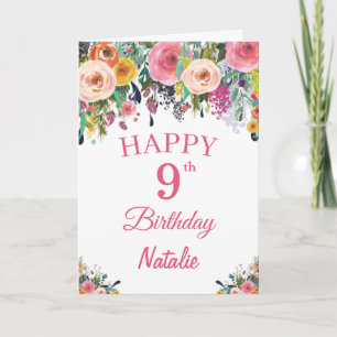9e verjaardag Waterverf Floral Flowers Roze kaart
