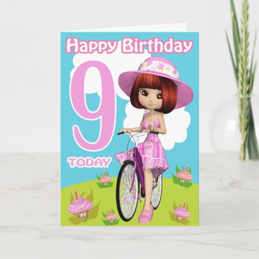 9ème Anniversaire Carte Jolie Petite Fille Sur Un (Devant)