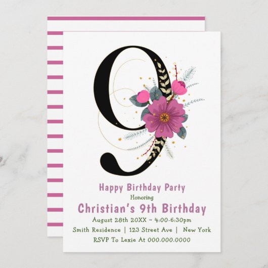 9ème typographie florale Invitations d'anniversair (Devant / Derrière)