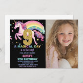 9ème Unicorn Invitations Anniversaire Noir avec ph (Devant / Derrière)