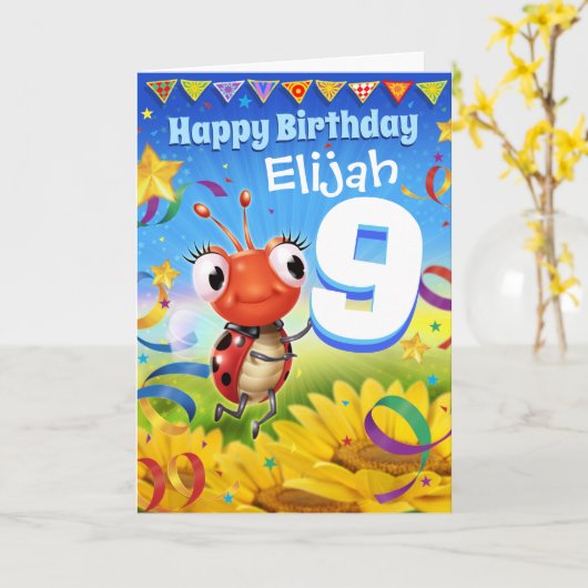 9jaar Aangepaste verjaardagskaart Kleine Ladybug-r Kaart (Gele Bloem)