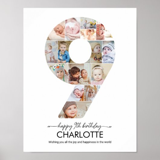 9th Birthday Number 9 Photo Collage Custom Picture Poster (Voorkant)