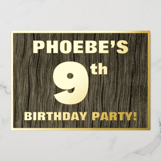 9th Birthday Party: Bold, Faux Wood Grain Pattern Folie Uitnodiging (Voorkant)