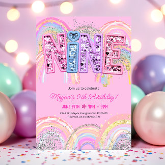 9th Birthday Rainbow Invitation Kaart