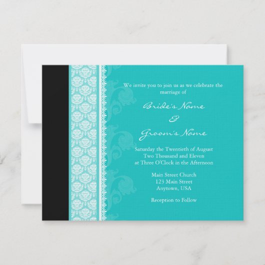 A2 Invitations Turquoise One Side Mariage damassé (Devant)