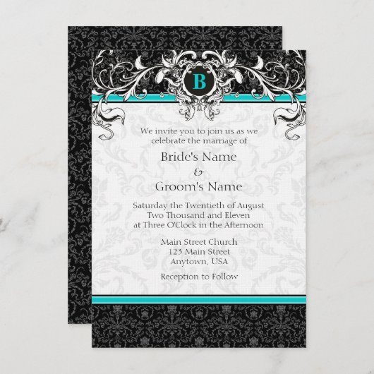 A6 Invitation au mariage d'un monogramme noir turq (Devant / Derrière)