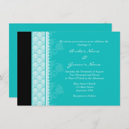 A6 Invitations Turquoise One Side Mariage damassé (Devant / Derrière)