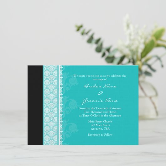 A6 Invitations Turquoise One Side Mariage damassé (Debout devant)