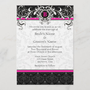 A7 Hot Pink Black Damask Monogram Wedding Invites Kaart