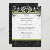 A7 Lime Green Black Damask Monogram Weddenschap Kaart (Voorkant / Achterkant)