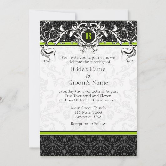 A7 Lime Green Black Damask Monogramme Invitation a (Devant)