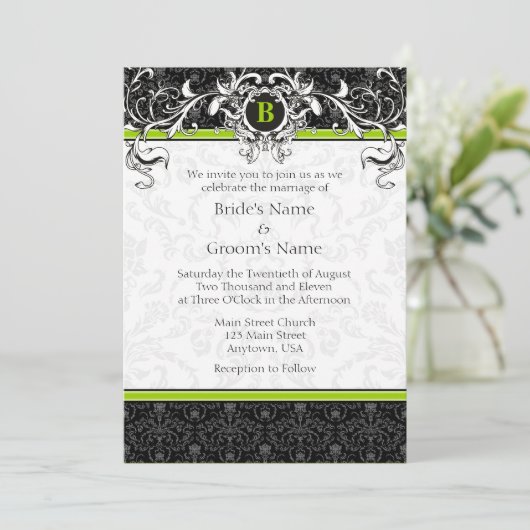 A7 Lime Green Black Damask Monogramme Invitation a (Debout devant)