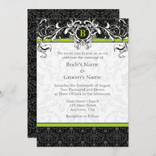 A7 Lime Green Black Damask Monogramme Invitation a (Devant / Derrière)