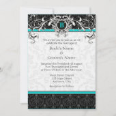 A7 Turquoise Black Damask Monogram Wedding Invite Kaart (Voorkant)
