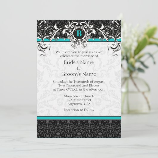 A7 Turquoise Black Damask Monogram Wedding Invite Kaart (Staand voorkant)