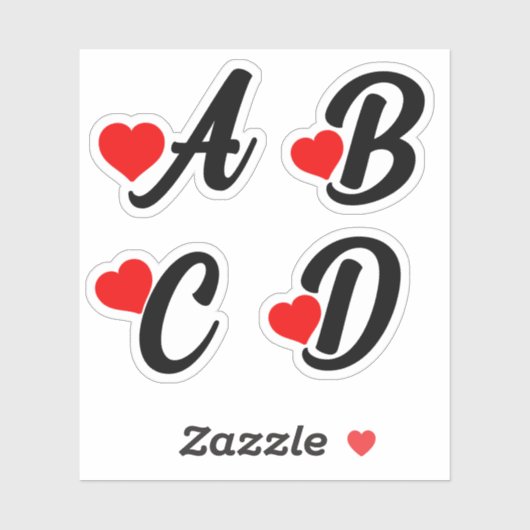A B C D Letters met harten Sticker (Vel)