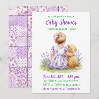 A Baby and Her Dog | Girl's Purple Baby Shower Kaart