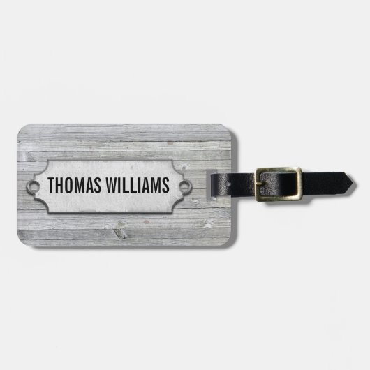 À Bagage bois patiné gris avec étiquette biseautée (Devant horizontal)