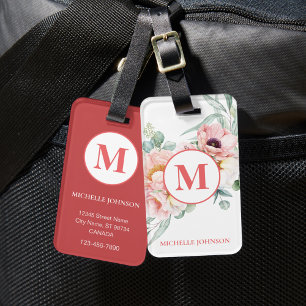 À Bagage Élégante pivoine rose avec monogramme étiquette de