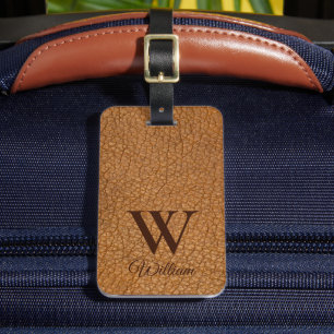 À Bagage Étiquette en cuir Brown Texture Monogramme Nom Bag