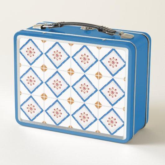 A blue metal lunchbox features a geometric tile  (Dos)