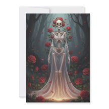 A bony girl wears a wedding dress in a forest. 