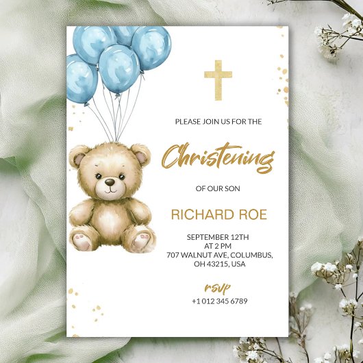 A christening Invitation features a teddy bear
