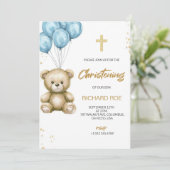 A christening Invitation features a teddy bear (Debout devant)