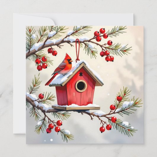A Christmas Cardinal on a Birdhouse Personalized Feestdagenkaart (Voorkant)