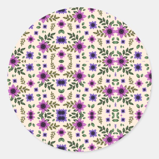 A circular floral pattern features purple and pink ronde sticker (Voorkant)
