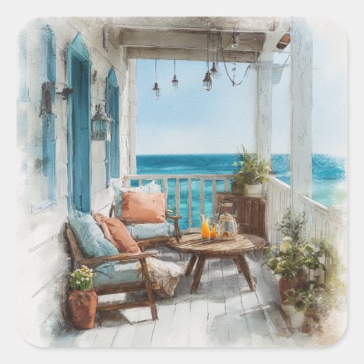 A Cosy Seaside Balcony Vierkante Sticker (Voorkant)