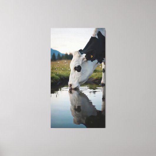 A cow drinks water in a natural stream canvas afdruk (Voorkant)