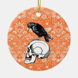 A Crow or Raven and Skull Halloween Sinaasappel Zw Keramisch Ornament
