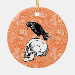 A Crow or Raven and Skull Halloween Sinaasappel Zw Keramisch Ornament