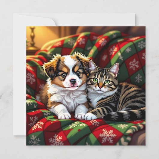 A Cute Festive Dog and Cat Personalized Christmas Feestdagenkaart (Voorkant)