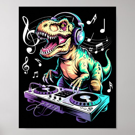 A Cute T-rex Playing Electronic Music Funny Dj Din Poster (Voorkant)