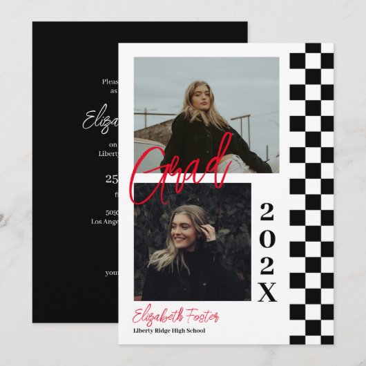 à damiers b&w avec graduation rouge Invitation (Devant / Derrière)