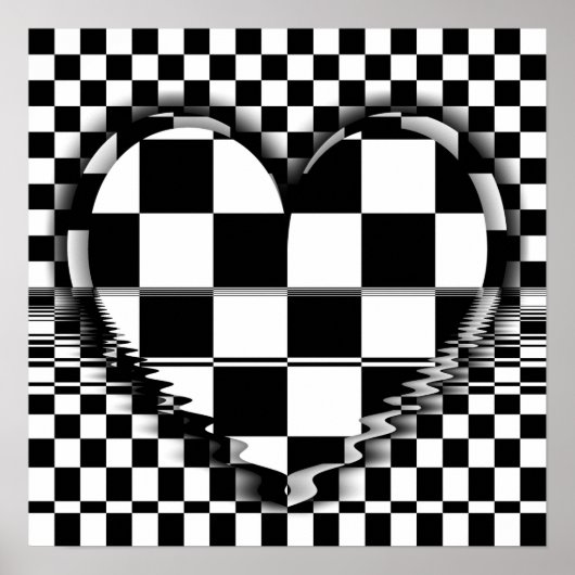 à damiers coeur Op art noir et blanc affiche (Devant)
