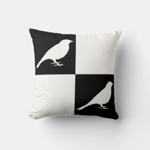à damiers Coussin d'oiseaux noirs et blancs