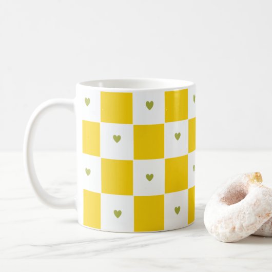 À damiers jaune avec Mug Coeur Vert (Avec donut)